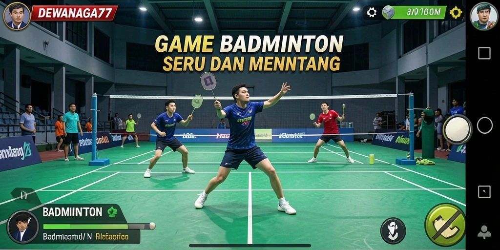 Antarmuka DEWANAGA77 dengan gameplay badminton yang seru.