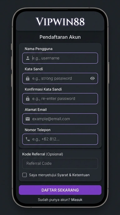 Tampilan halaman daftar vipwin88